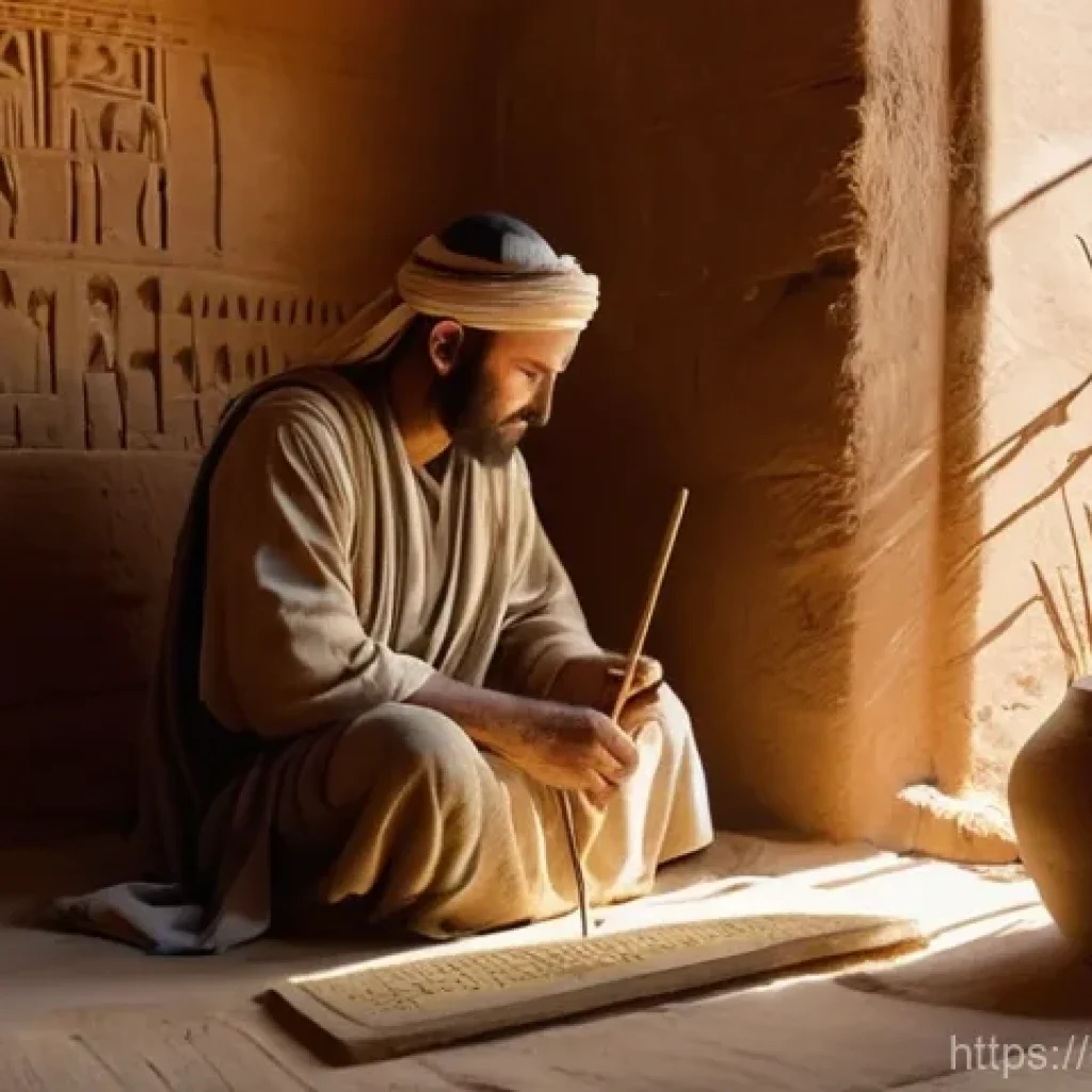 메소포타미아 문명의 기술력 - **Prompt:** A historical scene depicting an ancient Mesopotamian scribe diligently at work within a ...