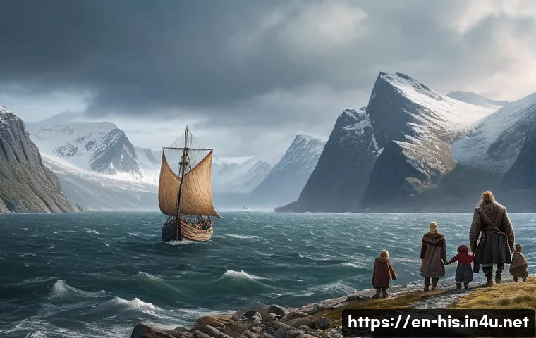 바이킹 탐험과 식민지 개척 - **Viking Family Embarking on a Voyage:** A detailed, realistic depiction of a Viking family on a win...