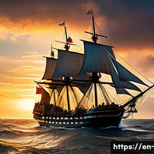 대영제국의 성장과 쇠퇴 - A majestic 18th-century British Royal Navy fleet sailing on a vast ocean under a dramatic sunset sky...