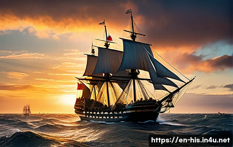대영제국의 성장과 쇠퇴 - A majestic 18th-century British Royal Navy fleet sailing on a vast ocean under a dramatic sunset sky...
