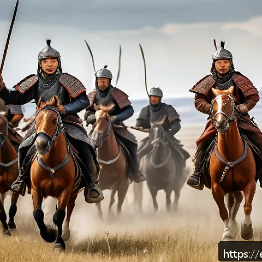 한나라와 흉노의 전쟁 - A dynamic battle scene on the vast Eurasian steppe depicting nomadic Xiongnu horse archers in tradit...