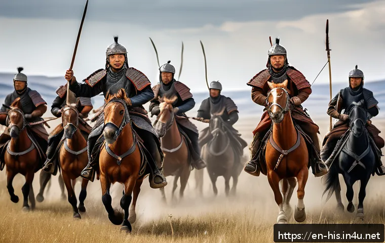 한나라와 흉노의 전쟁 - A dynamic battle scene on the vast Eurasian steppe depicting nomadic Xiongnu horse archers in tradit...
