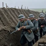 러시아 혁명과 공산주의 탄생 - A dramatic, detailed scene of Russian soldiers in World War I trenches, wearing early 20th-century m...