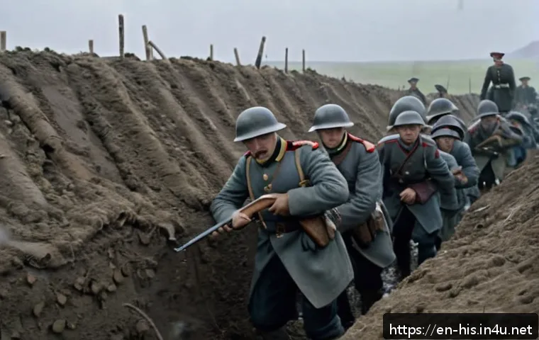 러시아 혁명과 공산주의 탄생 - A dramatic, detailed scene of Russian soldiers in World War I trenches, wearing early 20th-century m...