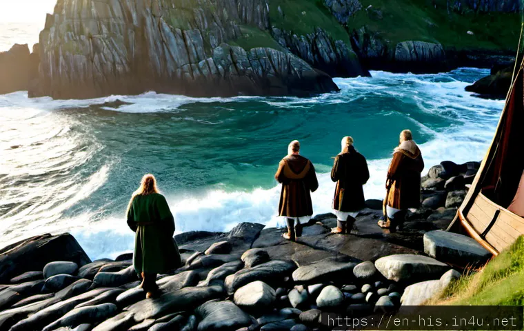 바이킹의 북미 도착 역사 - Photorealistic historical reenactment of a Viking longship arriving on the rocky coast of Newfoundla...